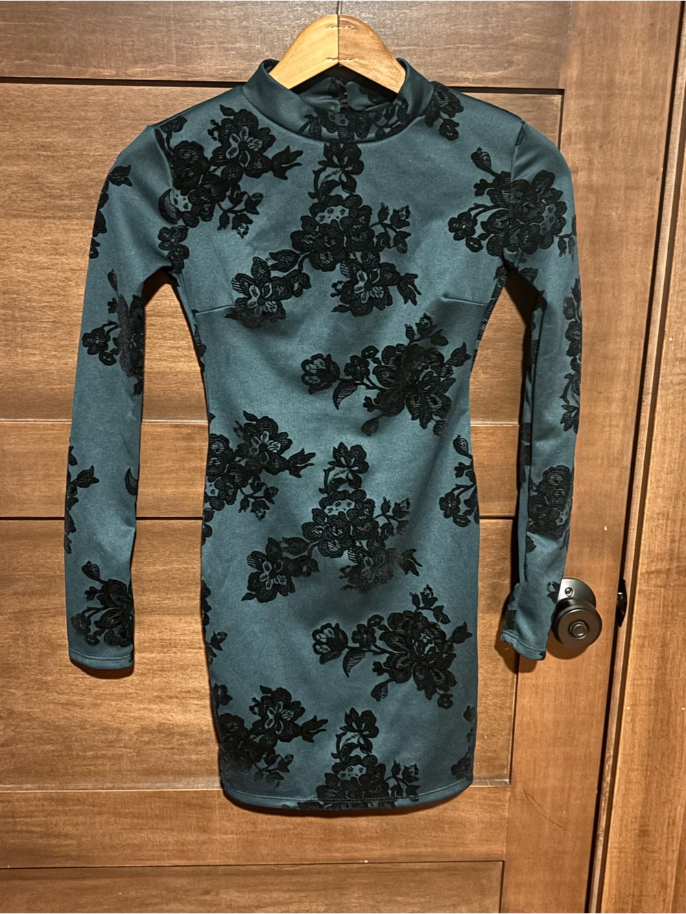 See You Monday Teal Long Sleeve Bodycon Dress w/ Black Floral Burnout Homecoming